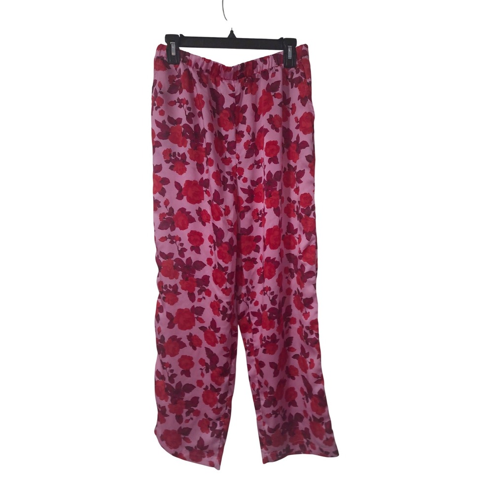 LOFT Sleep Womens Medium Pink Red Rose Floral Wide Leg Pajama Pants Loungewear - Picture 1 of 3